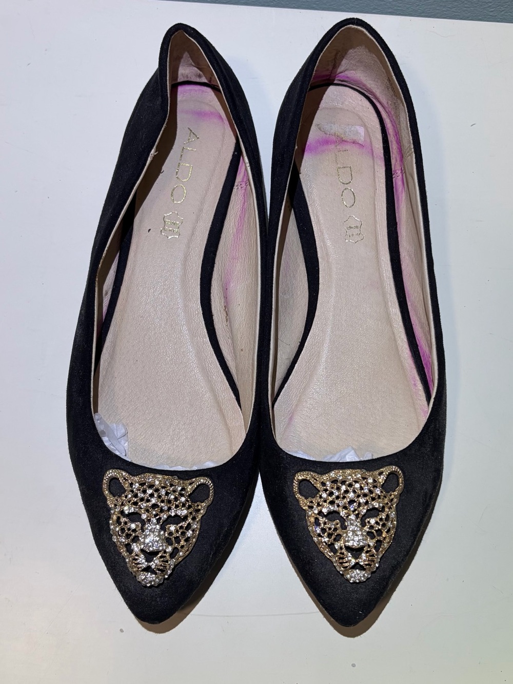 ALDO Black Suede Pointed-Toe Flats with Gold Leopard Brooch Accent on Toe. Sz 9